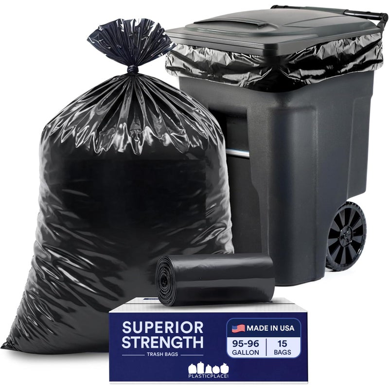 Plasticplace 95-96 Gallon Heavy Duty Black Trash Bags - Contractor Grade, Extra Large Garbage Bags for Construction & Outdoor Trash Cans, 1.2 Mil Thick, 61â€ x 68â€ (15 Count Roll) - Image 1